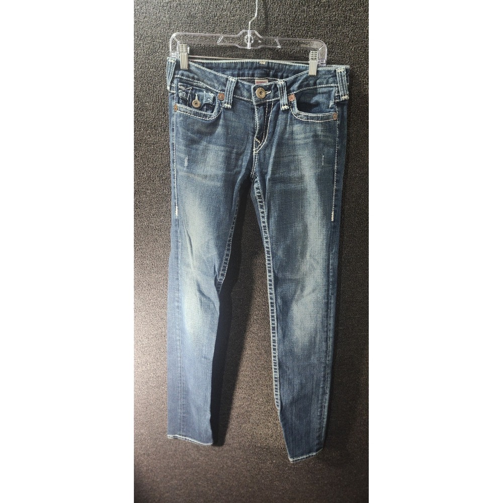 Vintage True Religion Julie Big T Low Rise Skinny Jeans Medium Blue Stitch Sz 32